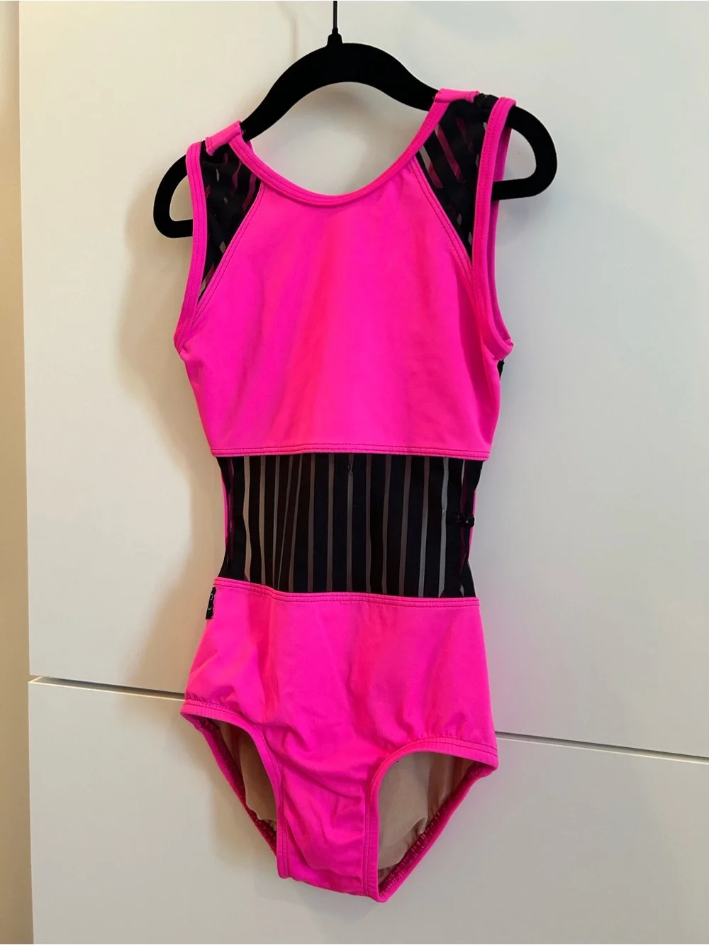 Girls' Hot Pink Dance Leotard with Black Mesh Panels - Child’s Large